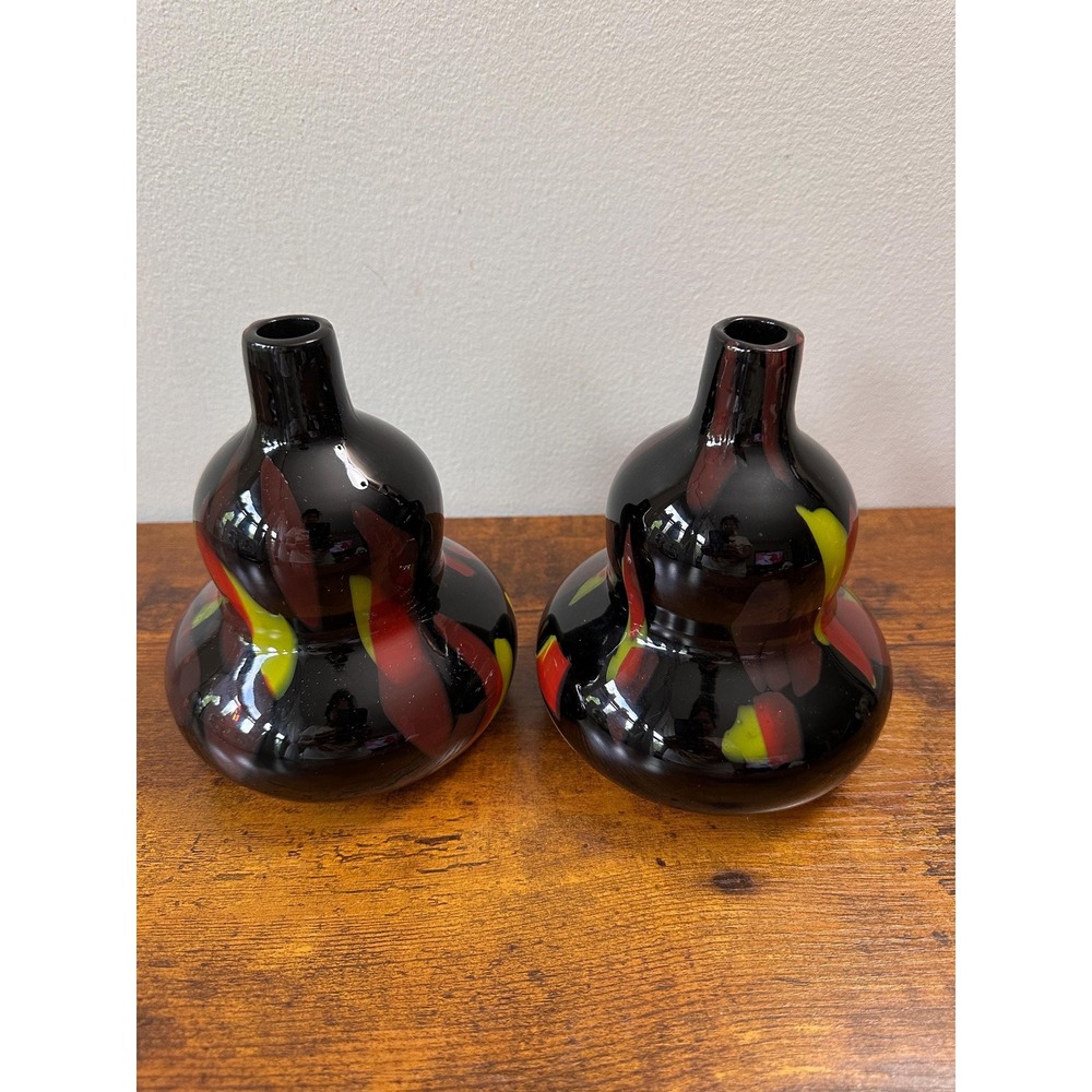 Vintage Murano Style Black Double Gourd Vases – Tutti Frutti Art Glass Set